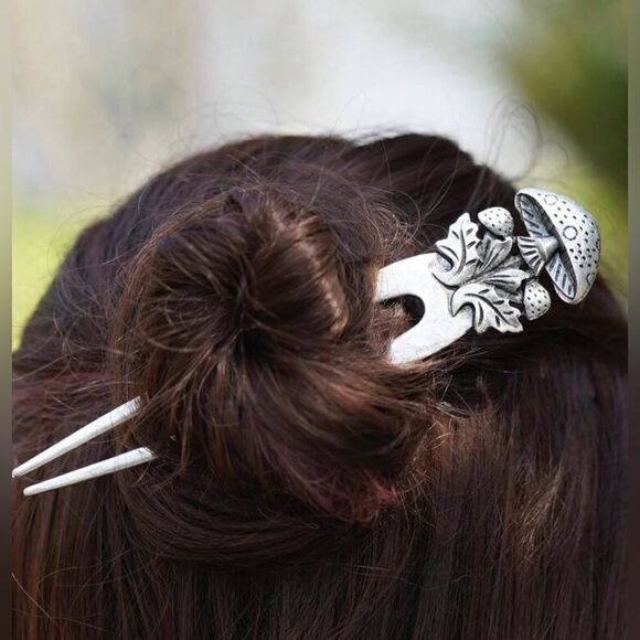 Bohemian Mushroom Hair Pin Accessory, with engraved details, Leaves, Fai… - Picture 1 of 3